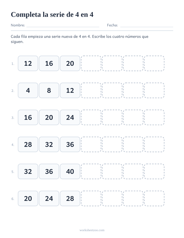 Ficha para completar series de 4 en 4, seis secuencias cortas con los cuatro términos siguientes en blanco