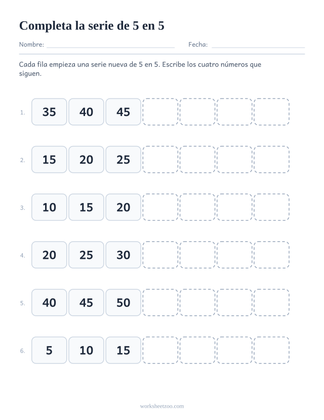 Ficha para completar series de 5 en 5, seis secuencias cortas con los cuatro términos siguientes en blanco