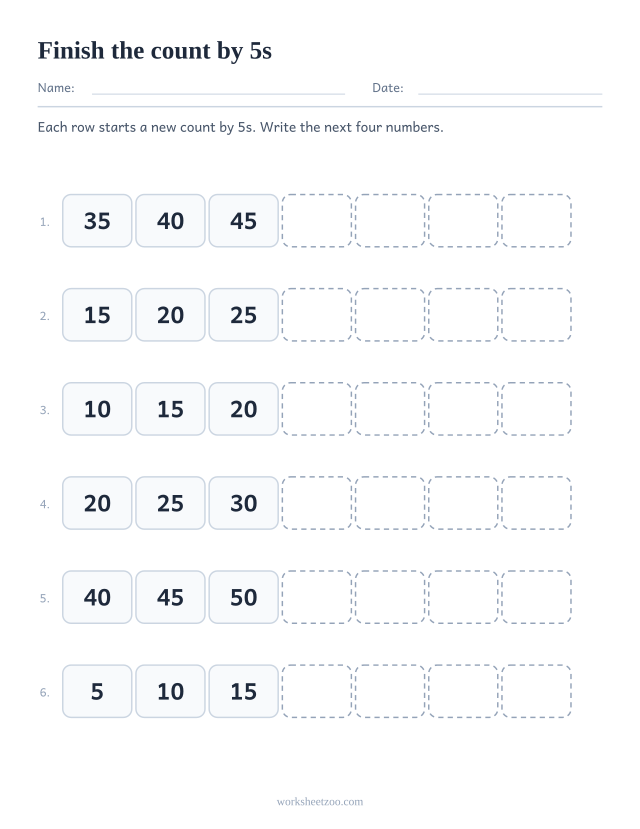 Finish the count by 5s worksheet, six short number sequences with the next four terms left blank