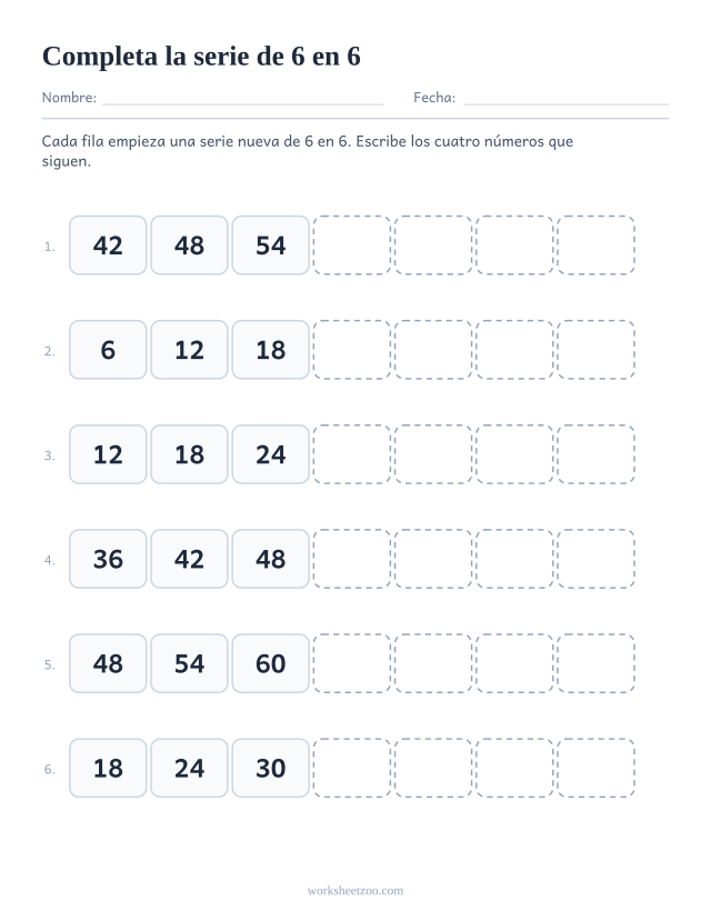 Ficha para completar series de 6 en 6, seis secuencias cortas con los cuatro términos siguientes en blanco