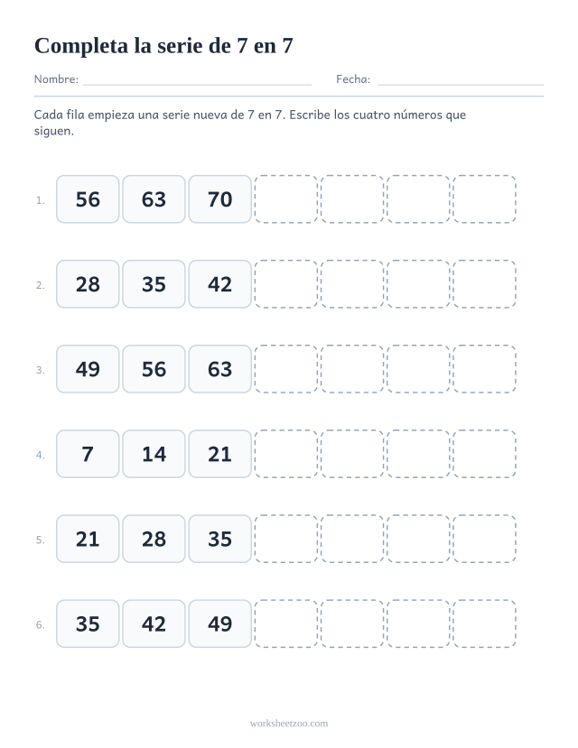 Ficha para completar series de 7 en 7, seis secuencias cortas con los cuatro términos siguientes en blanco