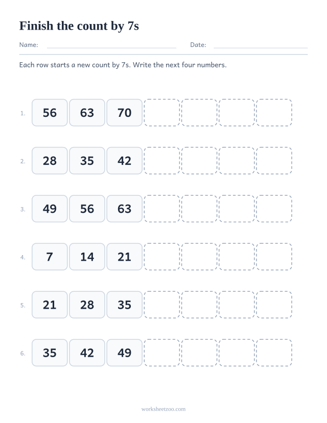 Finish the count by 7s worksheet, six short number sequences with the next four terms left blank