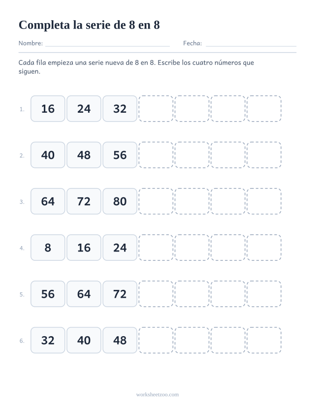 Ficha para completar series de 8 en 8, seis secuencias cortas con los cuatro términos siguientes en blanco
