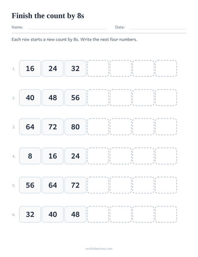 Finish the count by 8s worksheet, six short number sequences with the next four terms left blank