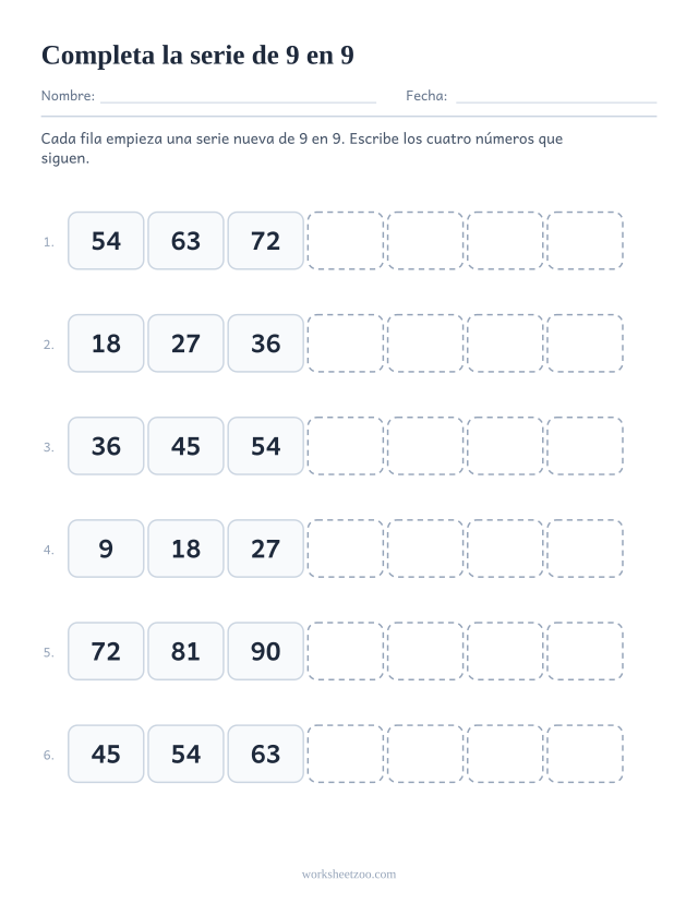 Ficha para completar series de 9 en 9, seis secuencias cortas con los cuatro términos siguientes en blanco