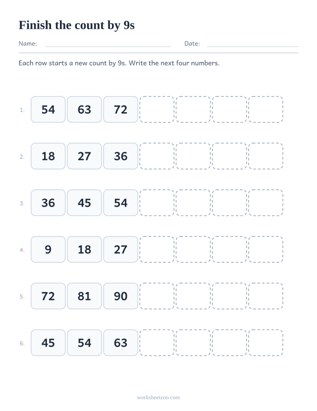 Finish the count by 9s worksheet, six short number sequences with the next four terms left blank
