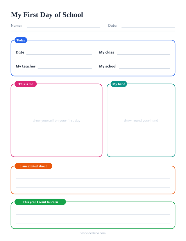 My First Day of School: free printable all about me worksheet PDF for kids
