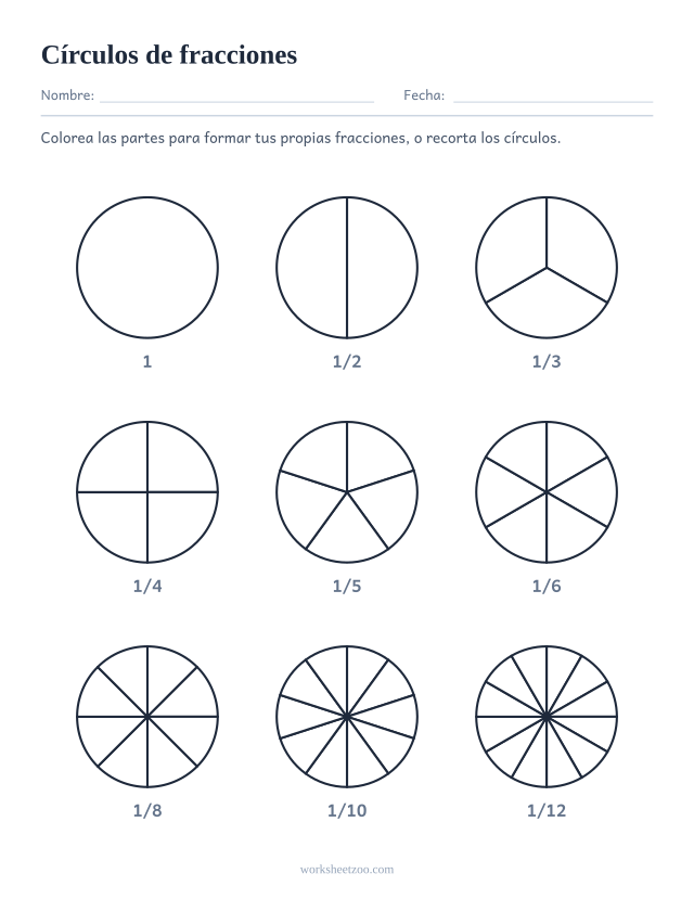 Plantilla de círculos de fracciones con nueve círculos, del entero a los doceavos, para colorear y recortar