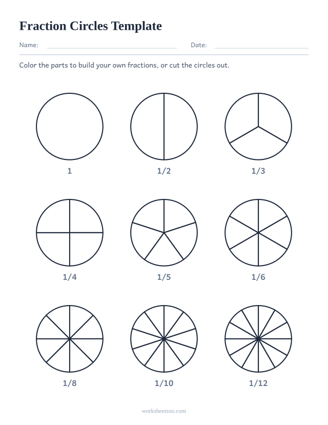 Blank fraction circles template with nine circles from a whole to twelfths, to color and cut out
