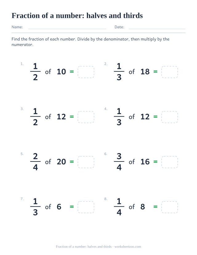 Fraction of a number worksheet finding halves thirds and quarters of whole numbers