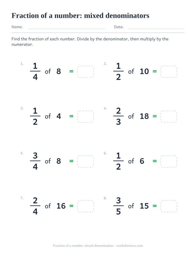 Fraction of a number worksheet mixing denominators from halves through sixths