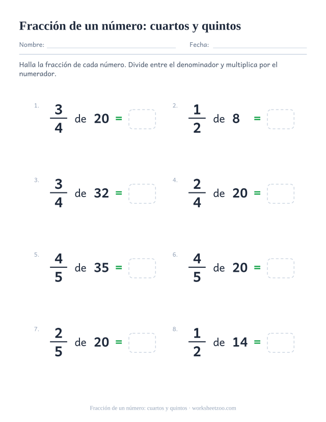 Ficha para hallar cuartos y quintos de números de dos cifras