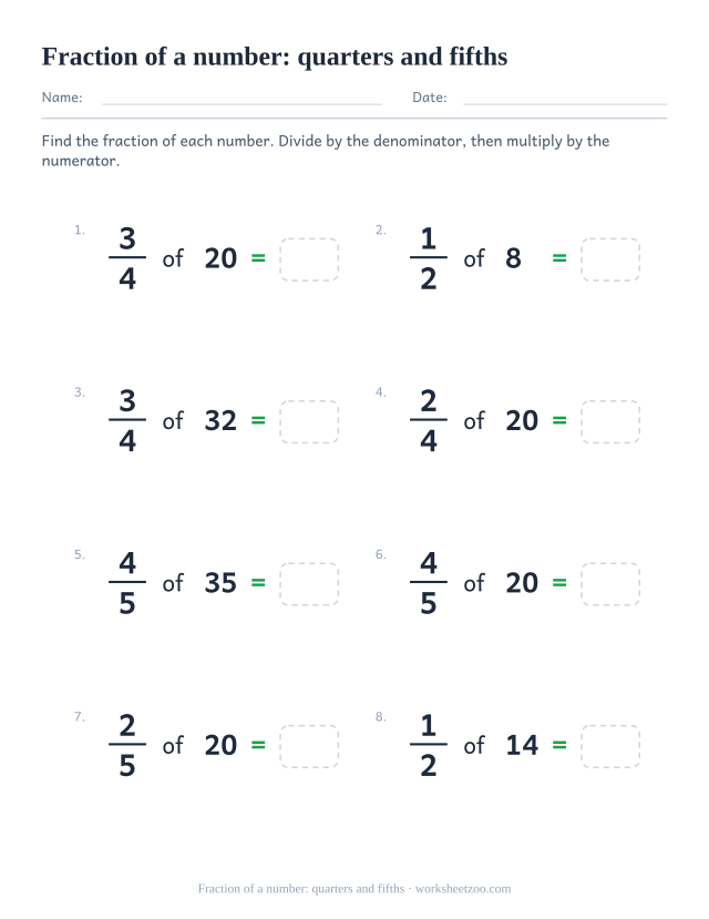 Fraction of a number worksheet with quarters and fifths of two-digit numbers