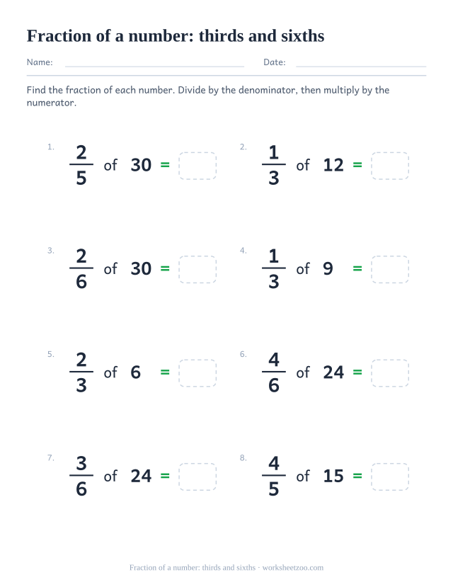 Fraction of a number worksheet using thirds fifths and sixths with whole number answers