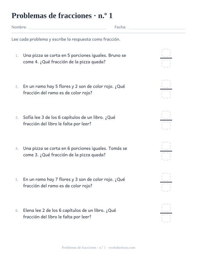 Ficha de problemas de fracciones con porciones de pizza y grupos de objetos, respuesta en fracción