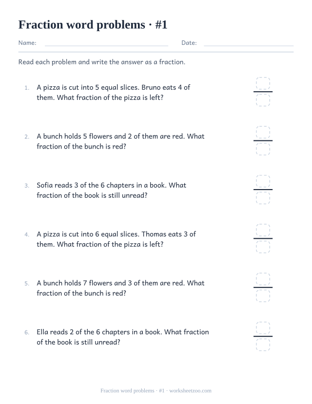 Fraction word problems worksheet with pizza slices and groups of objects, answers written as fractions
