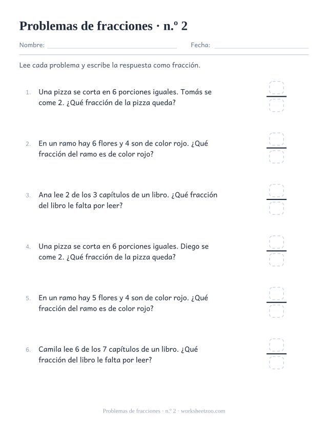 Segunda ficha de problemas de fracciones con situaciones cotidianas y casilla de fracción