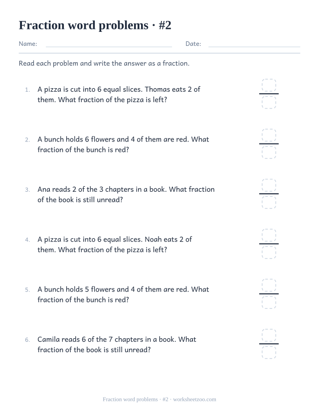 Second fraction word problems worksheet with everyday situations and a fraction answer box