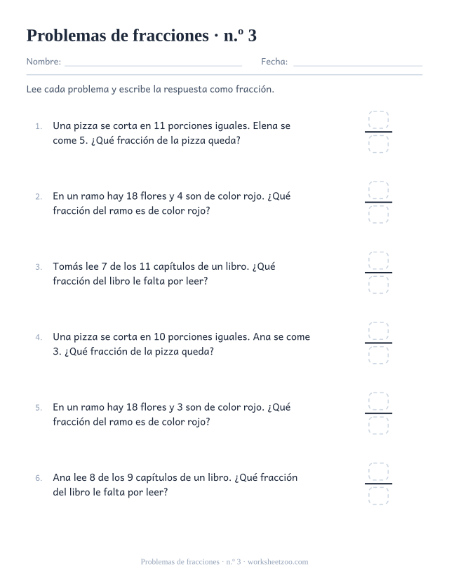 Ficha de problemas de fracciones con grupos mayores y denominadores hasta doce
