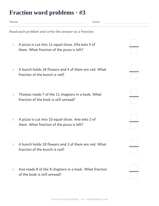 Fraction word problems worksheet with larger groups and denominators up to twelve
