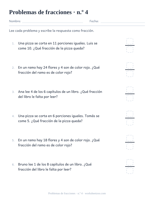 Cuarta ficha de problemas de fracciones con números más difíciles para primaria alta