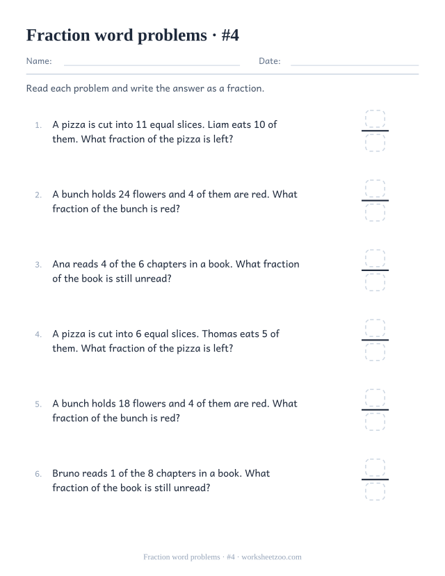 Fourth fraction word problems worksheet with harder numbers for upper primary