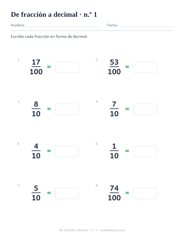 Ficha para pasar décimos y centésimos a número decimal