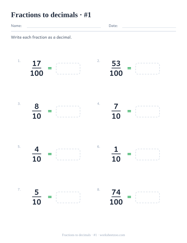 Fractions to decimals worksheet with tenths and hundredths written as decimal numbers
