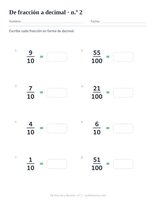 Segunda ficha para convertir décimos y centésimos en decimales
