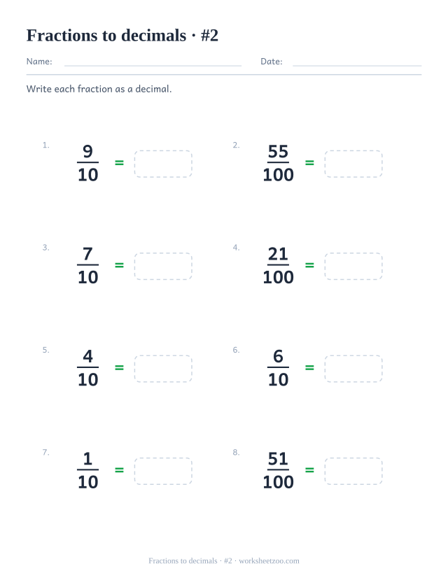 Second fractions to decimals worksheet converting tenths and hundredths