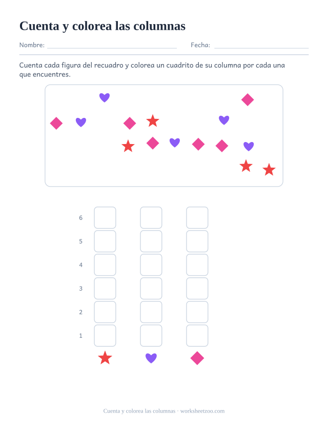 Ficha de preescolar para colorear un cuadrito por cada figura contada en columnas con símbolos
