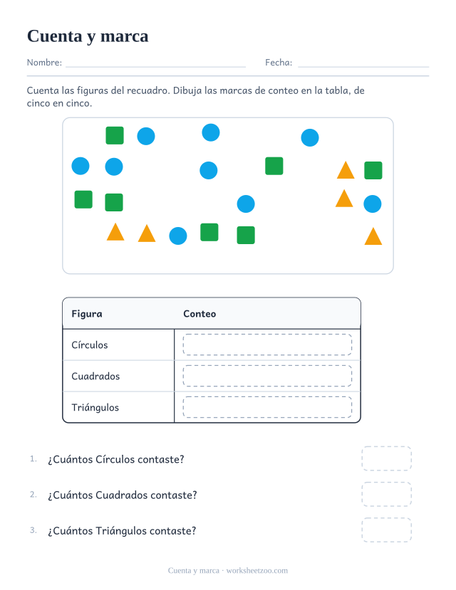 Ficha para contar figuras sueltas en una tabla de conteo con puertas de cinco