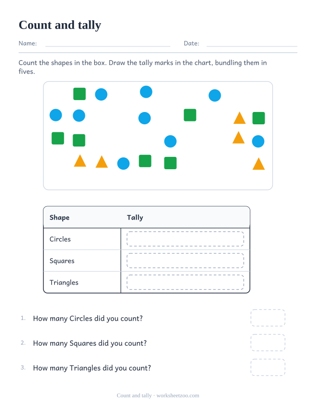 Worksheet counting scattered shapes into a tally chart with gates of five