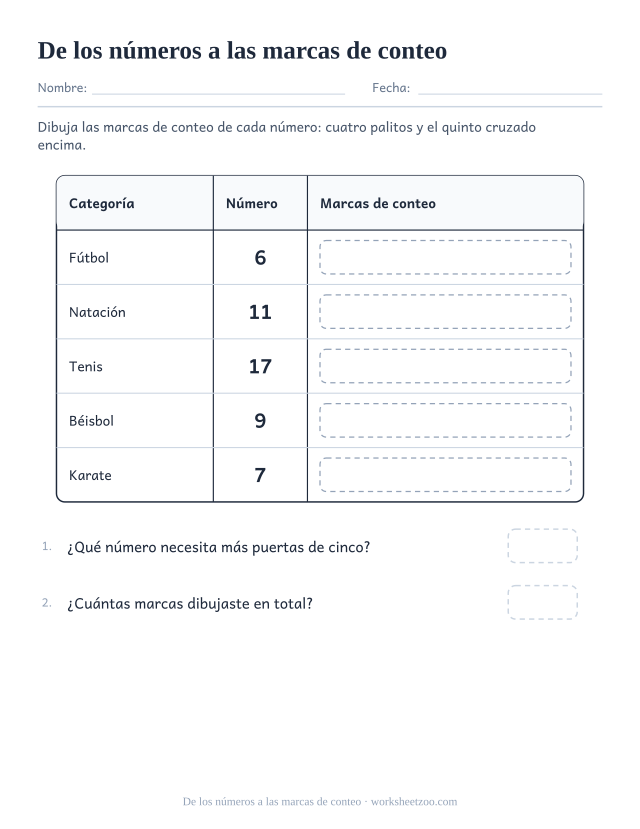 Ficha para dibujar las marcas de conteo de números de deportes hasta dieciocho