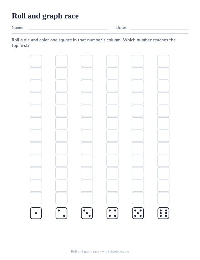 Roll and graph template with six die face columns of squares to color