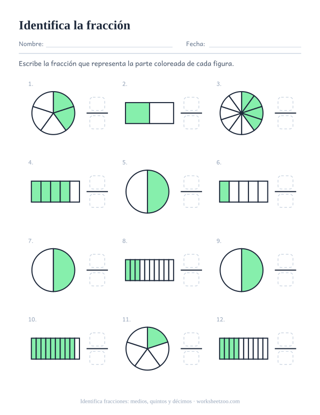 Ficha para identificar fracciones, 12 círculos y barras coloreados en medios, quintos y décimos, escribe cada fracción
