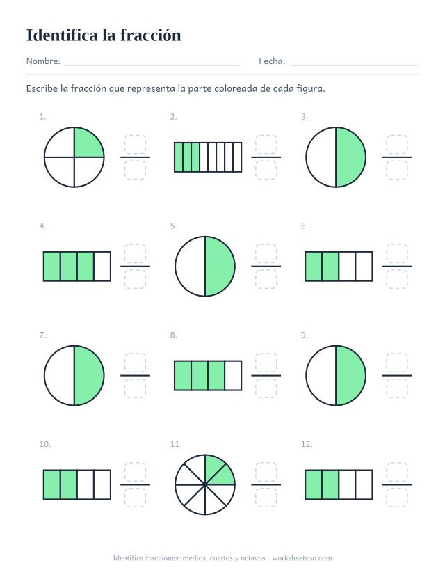 Ficha para identificar fracciones, 12 círculos y barras coloreados en medios, cuartos y octavos, escribe cada fracción