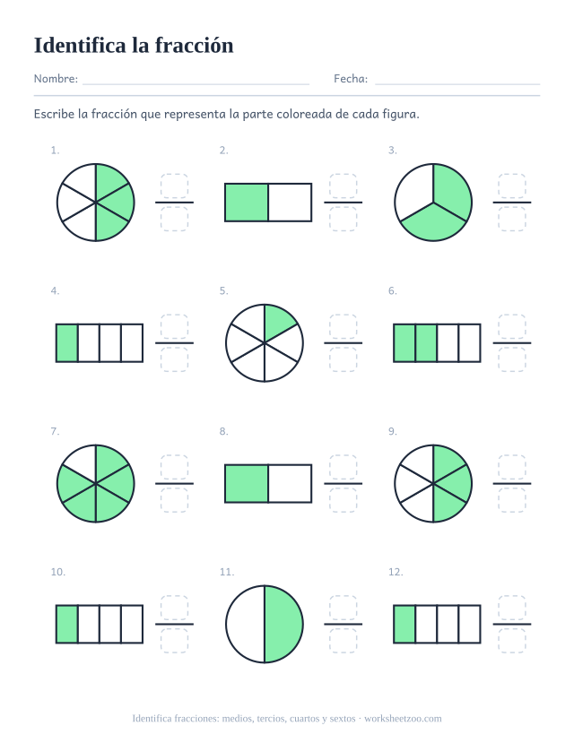 Ficha para identificar fracciones, 12 círculos y barras coloreados en medios, tercios, cuartos y sextos, escribe cada fracción