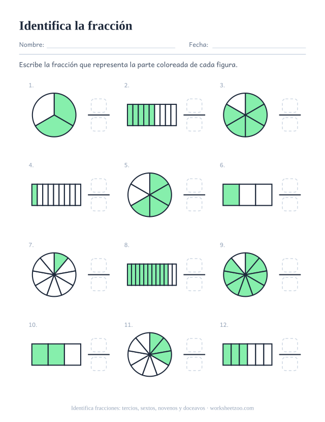 Ficha para identificar fracciones, 12 círculos y barras coloreados en tercios, sextos, novenos y doceavos, escribe cada fracción