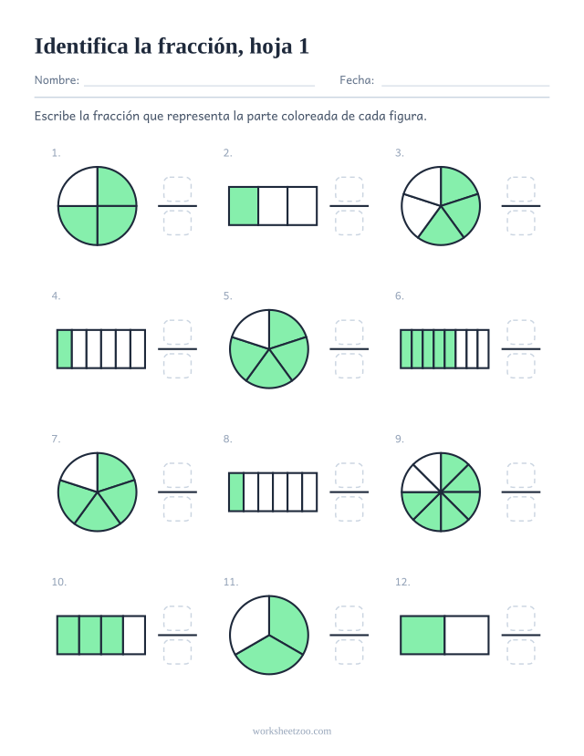 Ficha para identificar fracciones con 12 círculos y barras coloreados, escribe la fracción de la parte coloreada, hoja 1