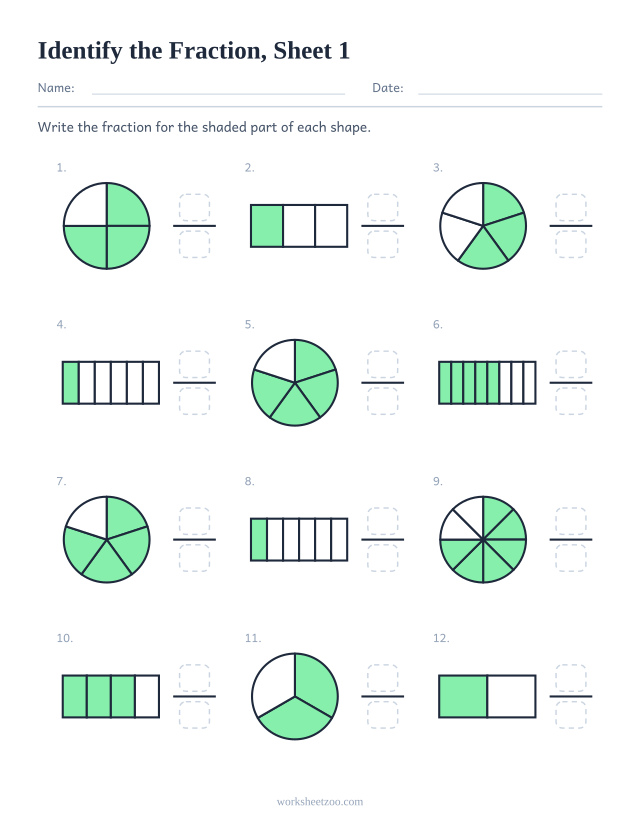 Identifying fractions worksheet with 12 shaded circles and bars, write the fraction for the shaded part, sheet 1