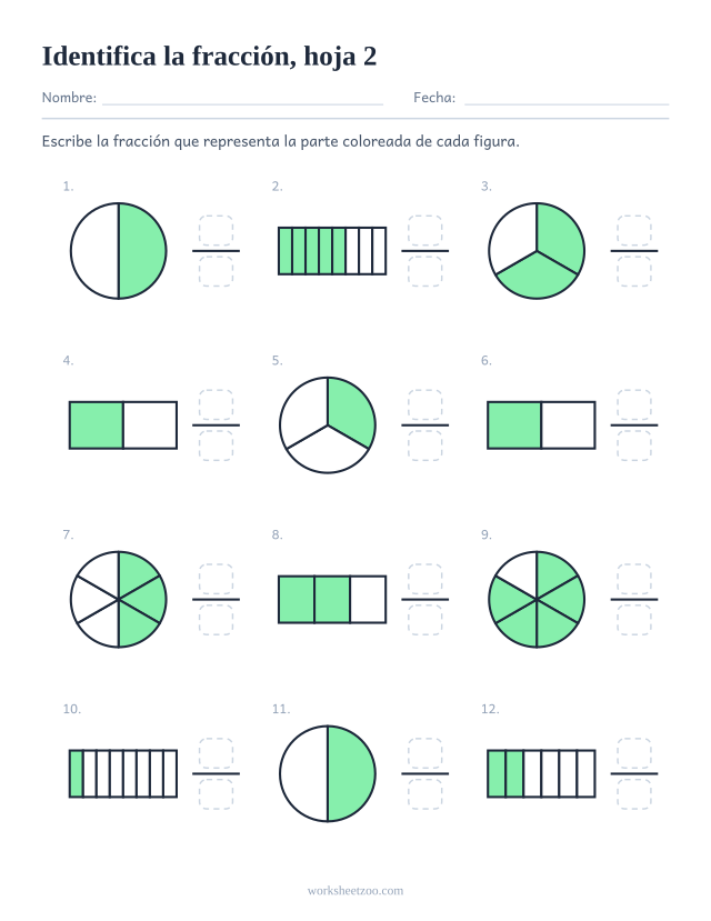 Ficha para identificar fracciones con 12 círculos y barras coloreados, escribe la fracción de la parte coloreada, hoja 2