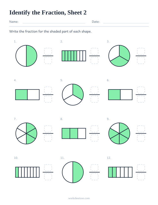 Identifying fractions worksheet with 12 shaded circles and bars, write the fraction for the shaded part, sheet 2