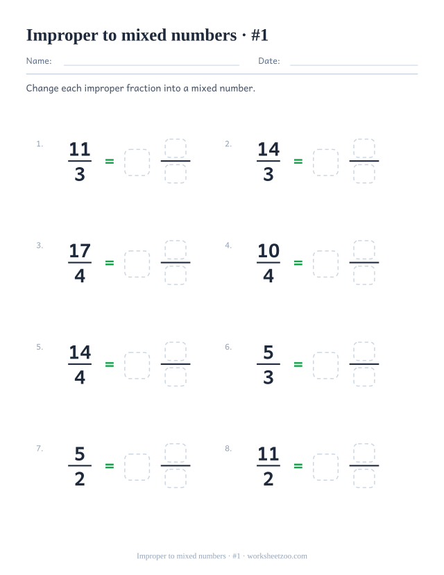Improper fraction to mixed number worksheet with halves thirds and quarters