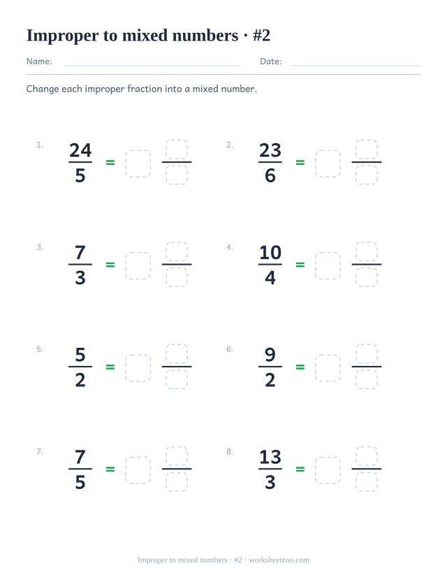Improper fraction to mixed number worksheet with denominators up to sixths