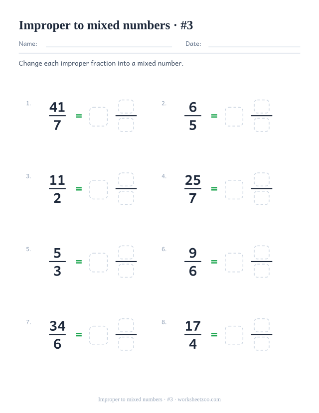 Improper fraction to mixed number worksheet with denominators up to eighths