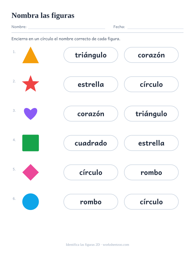 Ficha de figuras 2D para preescolar: encierra el nombre correcto de cada figura: círculo, cuadrado, triángulo, estrella, corazón, rombo