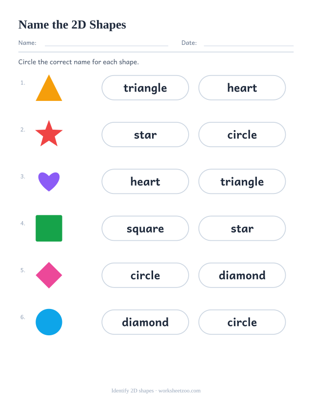 Kindergarten 2D shapes worksheet, circle the correct name for each shape: circle, square, triangle, star, heart, diamond