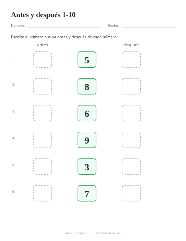 Ficha para preescolar: escribe el número que va antes y después de cada número dentro del 1-10