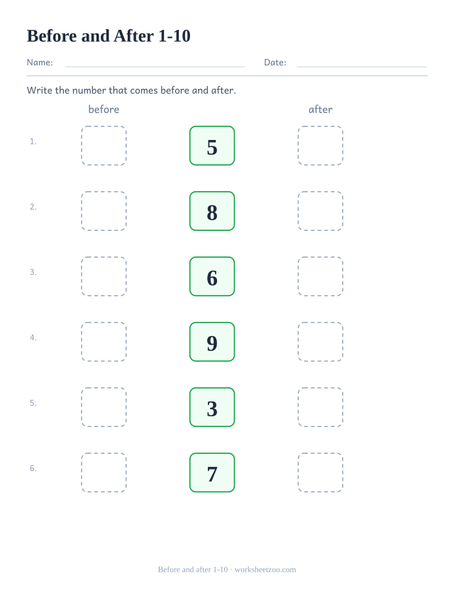 Kindergarten worksheet, write the number that comes before and after each number within 1-10